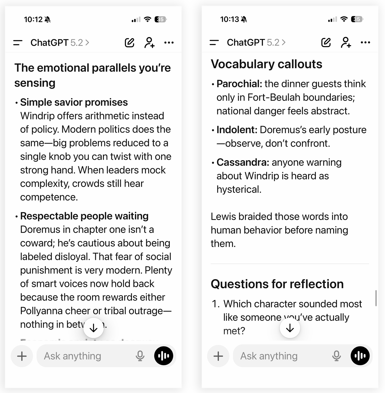 Screenshots of ChatGPT discussing emotional parallels, vocabulary, and reflection questions.